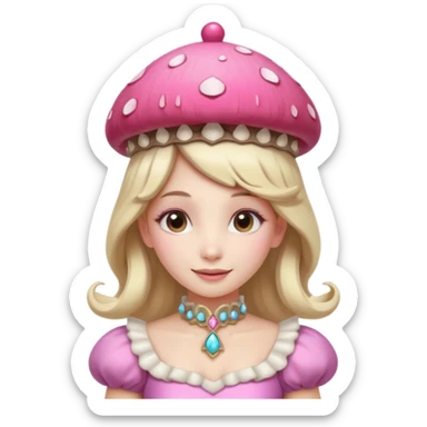 mushroom princess portrait, head and shoulders only, pink mushroom crown, elegant fantasy dress collar, warm smile, 3D cartoon, mobile game icon style, clean background, no text, no watermark
 
 sticker