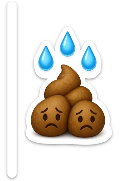 emoji stile iphone di una montagnetta di feci umane realistiche a palline tristi con sopra un simbolo delle gocce di acqua, iperrealistico 4k sticker