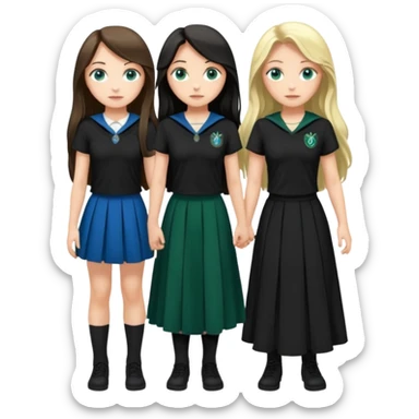 a pretty ravenclaw girl with long dark brown hair and blue eyes standing with a hot Slytherin girl with long blonde hair, blue eyes and big boobs  sticker
