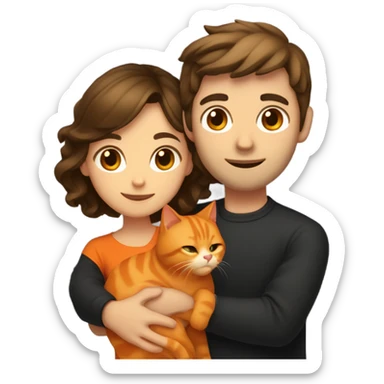 a light brunette woman with medium-long brown hair and a brunette man with short black hair hugging an orange cat sticker