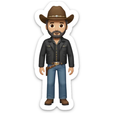 Cowboy pardo, com barba, olhos castanhos, camisa cinza e jaqueta preta de corpo inteiro  sticker