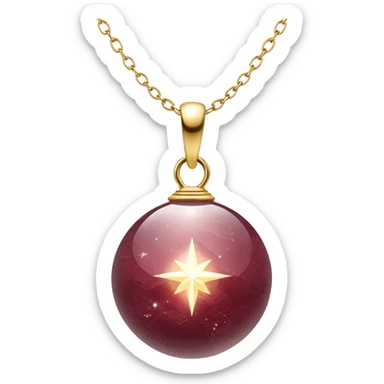 A polished round ball wine granite pendant suspended from a delicate gold chain, like a drop of enchanted starlight, glowing with the warmth of passion and the quiet power of transformation ethereal floating magical moving sticker