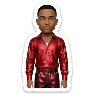Ginuwine, R&B Singer with black short hair, red metallic shirt, burgundy metallic baggy pants, silver necklace sticker