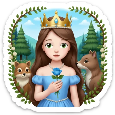 a 12 year old girl with shinny long brown hair and pretty green eyes with pale skin wearing a sky blue gown in a beautiful forest with adorable animals and stunning roses and lilacs surrounding her as she smells the only sky blue rose she is also wearing a crown that has pearls sticker