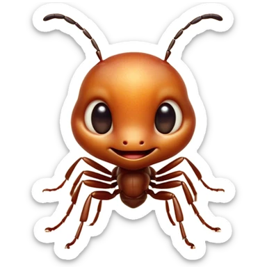 Cinematic Cute Ant Portrait Emoji, Head tilted playfully and inquisitively, featuring a minuscule, charming body with a delicately textured exoskeleton and round, sparkling eyes brimming with curious mischief, Simplified yet irresistibly adorable features, highly detailed, glowing with a warm, inviting earthy glow, high shine, affectionate and lively, stylized with a touch of whimsical industrious charm, soft glowing outline, capturing the essence of a mischievous ant that seems as if it could scurry out of the screen into your arms! sticker