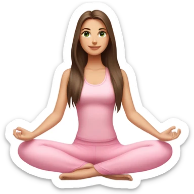 Brunette long hair and green eyes yoga beautiful girl in light pink pink pink clothes sitting on a yoga mat sticker