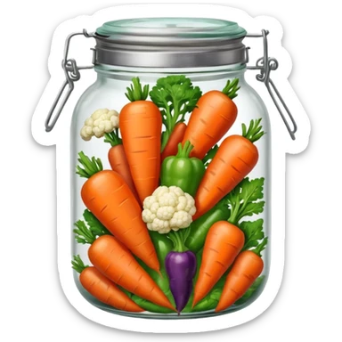 A mix jar of carrots, peppers, and cauliflower tightly sealed with a silver lid








 sticker