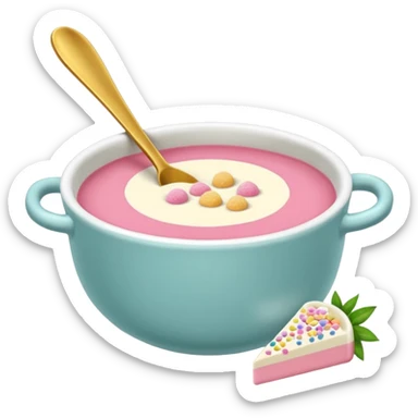 tazita de sopa, pastillas en estilo aesthetic y una camita rosada. sticker