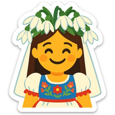 a smiling bride emoji in a modern Slovak folk wedding dress with a large snowdrop flower crown sticker