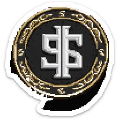 A silver coin with S.R symbols engraved prominently sticker