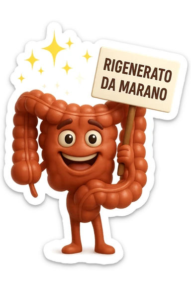 fammi un intestino identico a questo, ma felice e con le scintille di splendore dorate sopra, si sta rinnovando come se fosse in ottima salute, in mano ha un cartello con la scritta "RIGENERATO DA MARANO" sticker