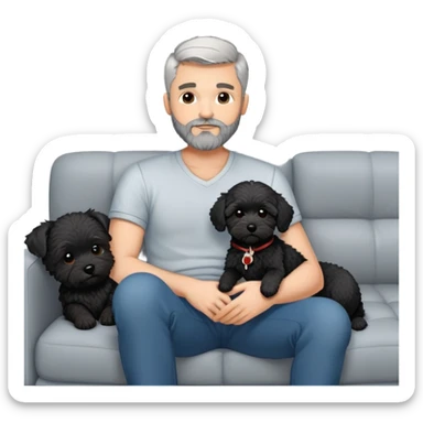 34 year old man with short straight grey hair and beard hanging out with his black cavapoo puppy with a white chest on the sofa sticker
