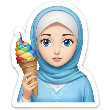 Turkish beautiful finish Konya girl blue eyes with ice cream hijab islamic dress and had on her hand rainbow ice cream  sticker
