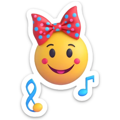 3D smiley emoji, large eyelashes, red polka dot bow, mischievous, side-looking eyes, blue eyes, musical notes sticker