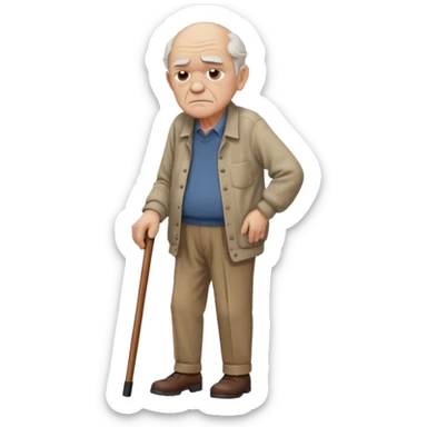 Old man leaning on a walking cane and holding his crancky back with his hand, grumpy face, detailed sticker
