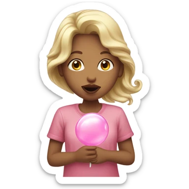 Caucasian girl blowing a light pink bubblegum bubble sticker