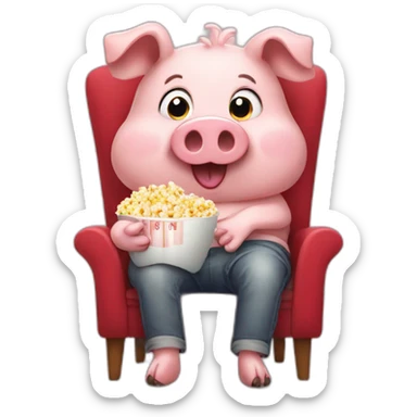 Funny pig sitting on a chair eating popcorn sticker