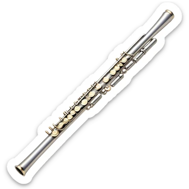 Cinematic Realistic Flute, polished silver metal with precise keywork, warm golden reflections dancing along its surface, soft hands carefully positioned over the keys, glowing with an elegant and airy charm. sticker