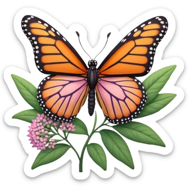very detailed milkweed plant with a monarch butterfly, intricate cut paper textures, green leaves, pink and purple flower clusters, realistic orange and black butterfly sticker