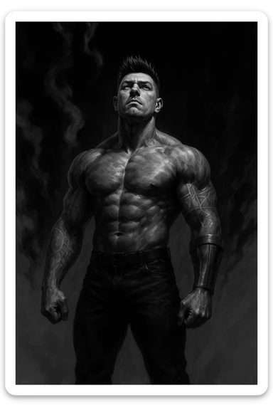 a muscular man with spiky hair stands in a powerful pose sticker