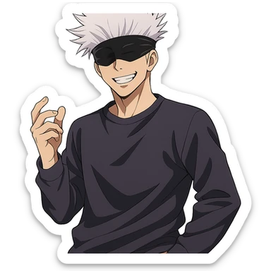 Gojo Satoru, white hair, blindfold, smiling, casual pose, inspired by Jujutsu Kaisen, anime style, no background sticker