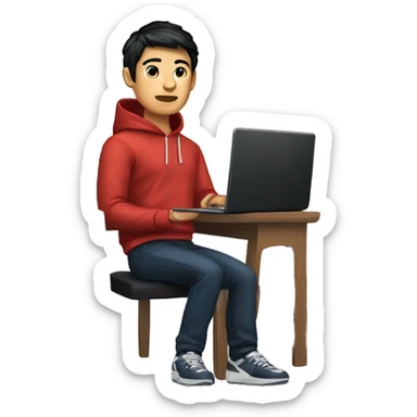 memoji of a man with a laptop in front, apple-style, chinese, navy hoodie, modern,black hair,computer in hand,sitting on a chair sticker