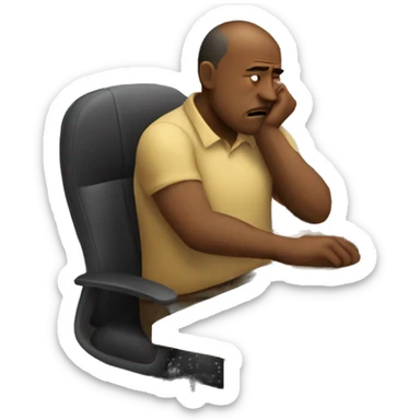 man sitting at a wooden work desk in office chair slumped and looking frustrated sticker