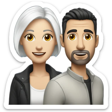 White man with dark hair next to a white woman with very short white hair, podcasting with mics and a MacBook sticker