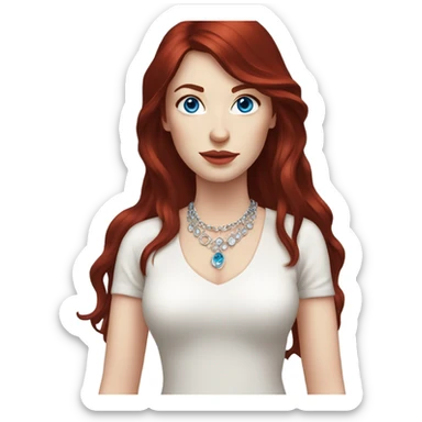 woman with pale skin, blue eyes and long dark red hair with layers and bangs, wearing a white top and silver jewellery sticker