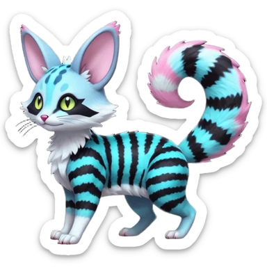 Fantasy abyssal pitch-Black-coated fur with glowing bioluminescent random colorful neon-markings divine beautiful elegant pretty precious cute young youthful  Fakémon-Pokémon-alien-opossum-feline-serval-caracal-chinchilla-Minccino-hybrid-creature with a big fluffy bushy striped tail (full body) sticker