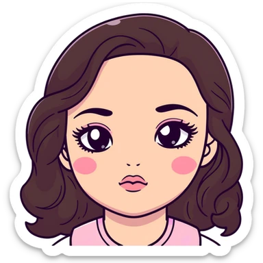 girl with light wheatish skin, dark brown long wavy hair, pouty shiny lips with berry lip gloss, large eyes with eyelashes, pink blush on cheeks, inner eye highlighted with white eyeliner, button nose sticker