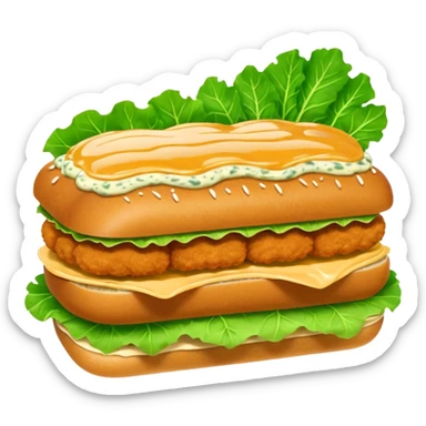 schnitzel sandwich: an oblong roll topped with a schnitzel, placed on a lettuce leaf, drizzled with remoulade, no cheese or other ingredients sticker