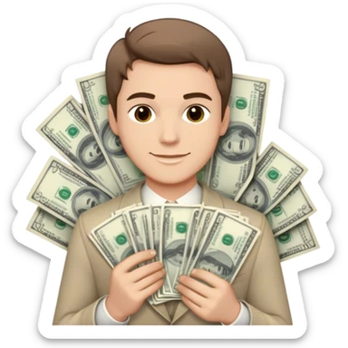 Confident young man with light skin and short brown hair, smirking while holding two thick stacks of cash. Detailed bills, minimalistic yet luxurious background sticker