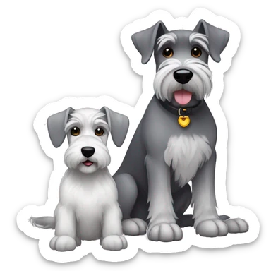 A big gray schnauzer with dark eyes next to a small all white puppy schnauzer sticker