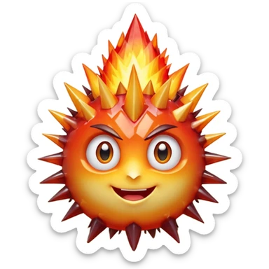 spiky mineral rock characterA single spiky crystal rock character, compact and round with many chunky flame-like spikes, glowing red–orange–yellow gradient like fire, faceted crystal texture, cute face with big shiny eyes and excited smile,

 sticker