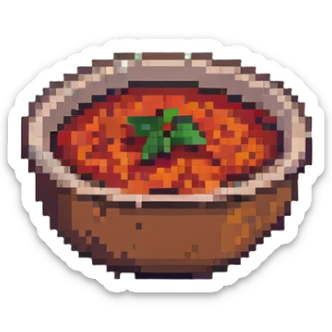 pixel art bowl of red tomato chutney with garlic sticker