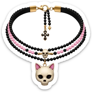 Thick black beaded choker, with cat skull and pink ankh  sticker
