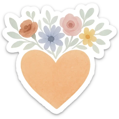 an orange heart with a crown of colorful flowers, watercolor style, soft and textured sticker