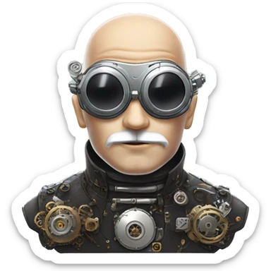 Bald cyborg head with silver steampunk goggles, white beard and circuits sticker