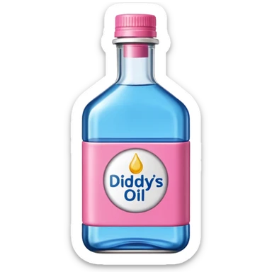 bottle of oil blue top pink outside with logo that says Diddys Oil sticker