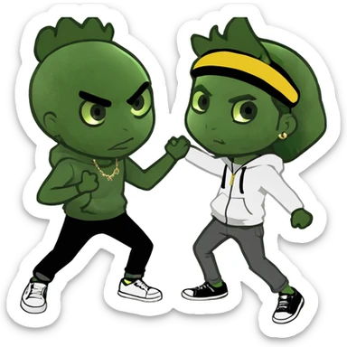 brownskin boy with black  dreads wearing white hoodie with grey jeans and white shoes and a gold circle chain fighting darkskin girl with 8 long black french braids with brown highlights wearing black zip up and black jeans with black and white shoes. the boy is winning sticker