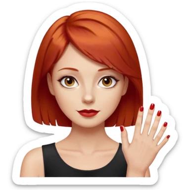 capelli corti di colore rosso, tagliati leggermente sopra le spalle e con una chioma piena e ben curata. Ha la carnagione chiara, il collo sottile Le mani con lo smalto rosso, Ha lo sguardo fiero e sicuro di sé ed una personalità dominante sticker