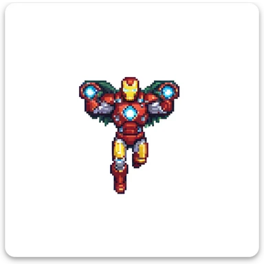 Iron Man in pixel art style, flying pose, glowing arc reactor, simple background sticker