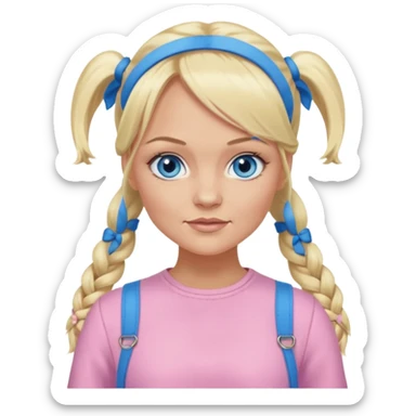Emma Bunton blue eyes, long blonde pigtails hair, light pink outfit sticker