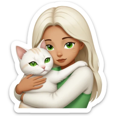 a closing eye girl hugs a white jinjila cat,the cat’s eyes are open and green  sticker