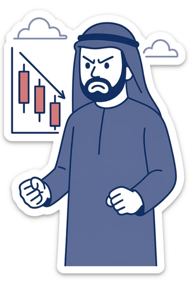 Arab trader angry after a loss with red candles, flat modern style, Middle Eastern trading theme sticker