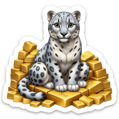 photorealistic snow leopard symbol of Kazakhstan sitting on pile of gold sticker
