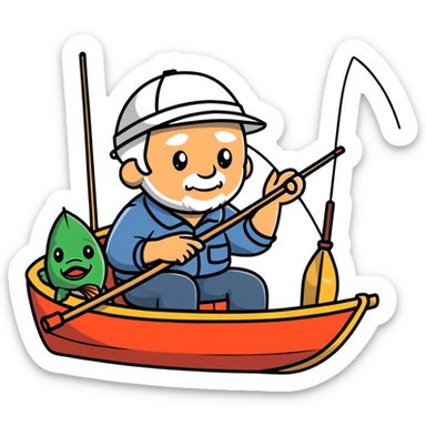 elderly fisherman sitting in boat with fishing rod sticker
