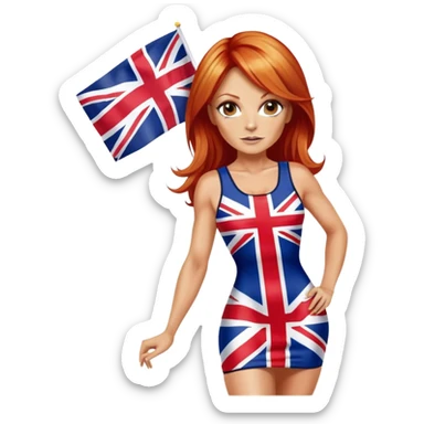 Geri Halliwell with red hair and blonde highlights wearing a short bodycon uk flag dress sticker