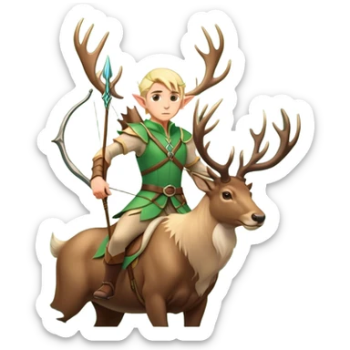 clash-of-clans-aesthetic-blond-male elf-archer-portrait-emoji, rendered in a flat, vector-style with minimal shading and bold, simplified shapes, head tilted slightly forward with a determined, focused expression, riding a majestic stag whose luminous antlers glow with mystical energy, set against an ancient, enchanted forest backdrop. sticker